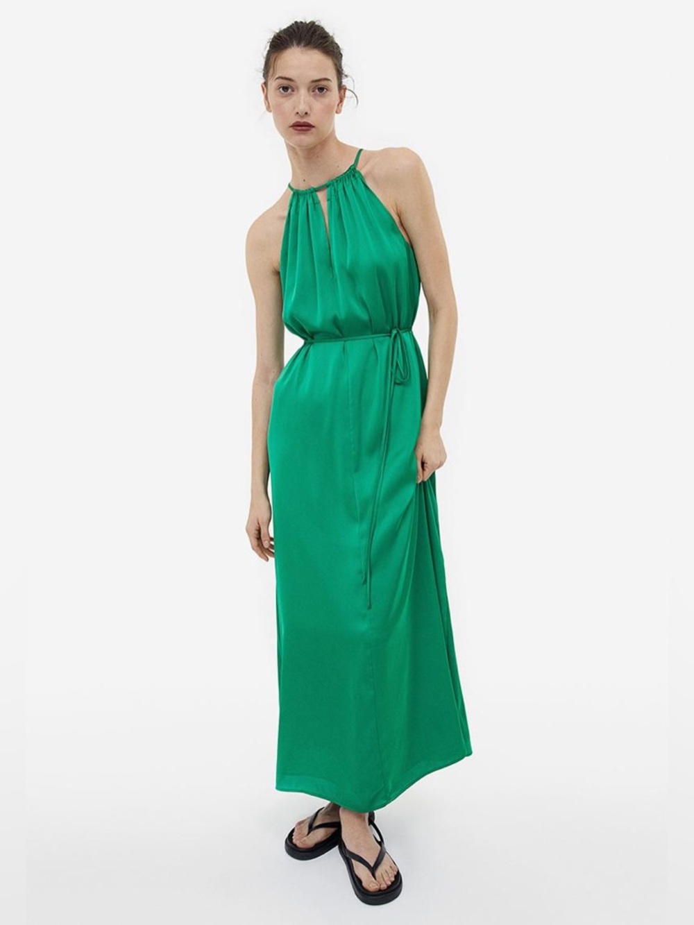 NWT H&M Emerald Green Satin Halter Maxi Dress Tie Waist S